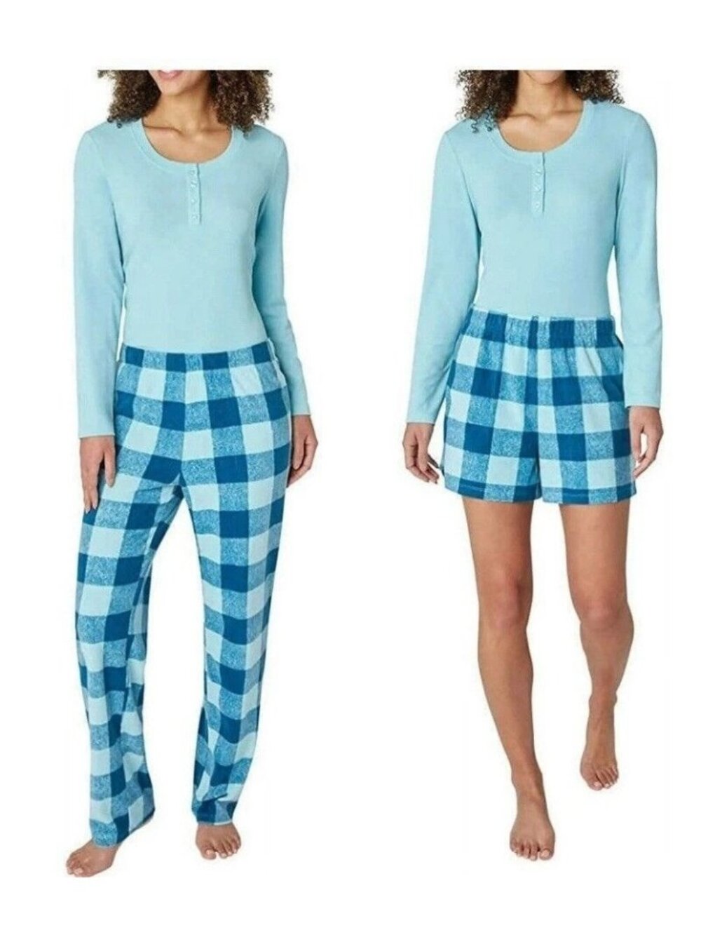 NWT Eddie Bauer Women's L Blue 3-Piece Waffle Fleece Sleep Set Plaid